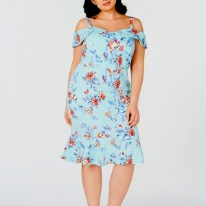 Love Squared Dress Off the Shoulder Midi Floral Blue Plus Size 2X NWT